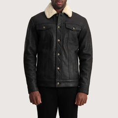 Dallis Distressed Black Leather Shearling Trucker Jacket
