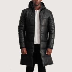 Floyd Black Hooded Leather Puffer Coat