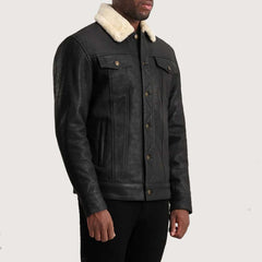 Dallis Distressed Black Leather Shearling Trucker Jacket