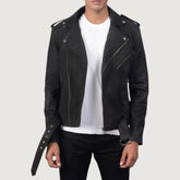 Furton Distressed Black Leather Biker Jacket