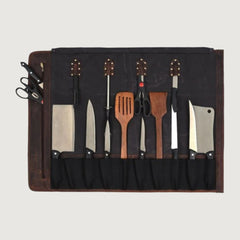 Tourbon Leather Knife Roll - Dark Brown