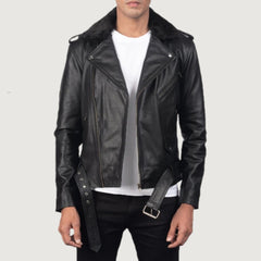 Furton Black Leather Biker Jacket