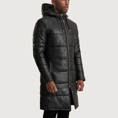 Floyd Black Hooded Leather Puffer Coat
