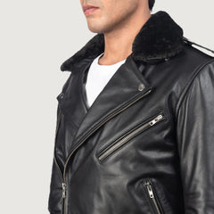 Furton Black Leather Biker Jacket