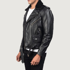 Furton Black Leather Biker Jacket