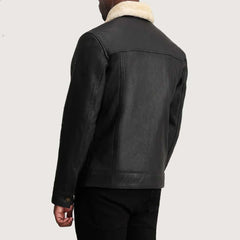 Dallis Distressed Black Leather Shearling Trucker Jacket