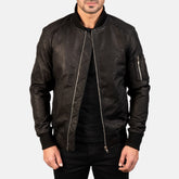 Bomia Distressed Black Leather Bomber Jacket