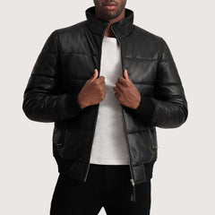 Lucas Black Leather Puffer Bomber Jacket