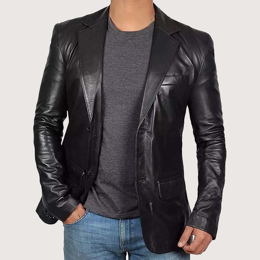 Men's Black Leather Blazer Jacket