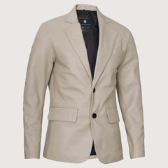 Mens Sports Beige Leather Blazer - Two Button