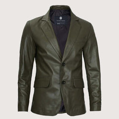 Men’s Military Green Real Leather Blazer