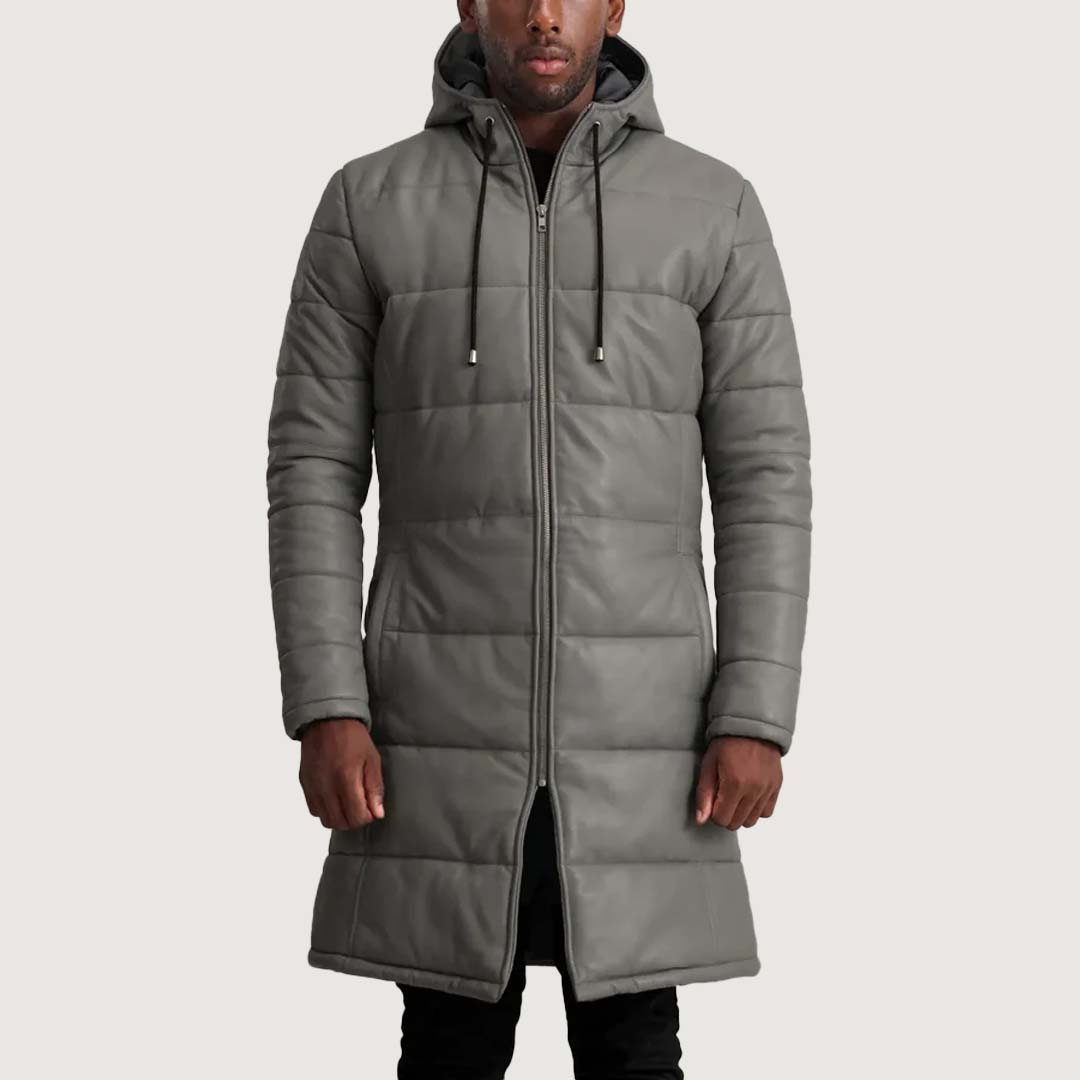 Floyd Grey Hooded Leather Puffer Coat