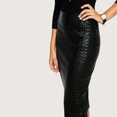 Classic Lambskin Leather Knee-Length Skirt