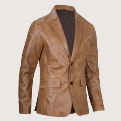 Men's Two Button Classic Camel Brown Leather Blazer