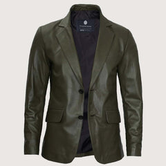 Men’s Military Green Real Leather Blazer