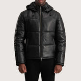 Gordon Black Hooded Leather Puffer Jacket