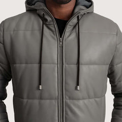 Floyd Grey Hooded Leather Puffer Coat