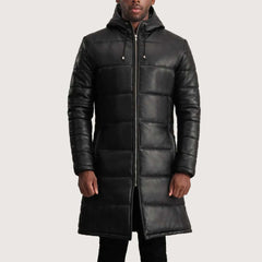 Floyd Black Hooded Leather Puffer Coat