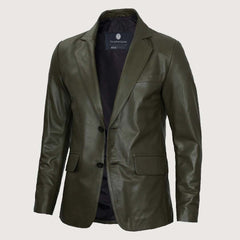 Men’s Military Green Real Leather Blazer
