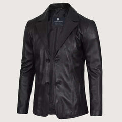 Men's Lapel Color Black Leather Blazer