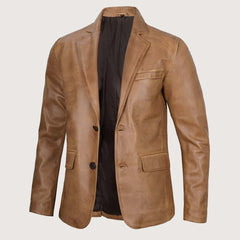 Men's Two Button Classic Camel Brown Leather Blazer