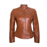 Women Classic Motorcycle Brown Leather Jacket