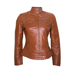 Women Classic Motorcycle Brown Leather Jacket