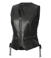 Womens Motorcycle Black Leather Zipper Vest