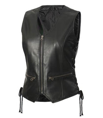 Womens Motorcycle Black Leather Zipper Vest