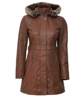 Womens Zipper Button Brown Leather Long Coat