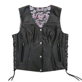 Sugar Skull Lined Black Leather Vest