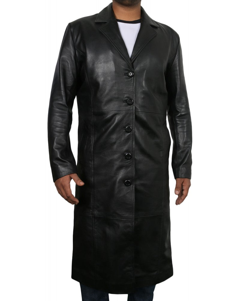 Men's Black Lambskin Leather Long Coat