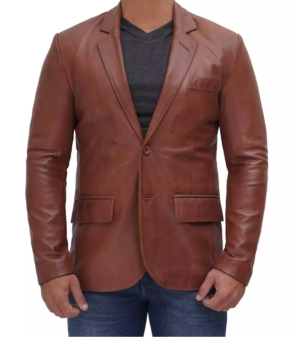 Mens Tan Outer Pocket Leather Blazer Jacket