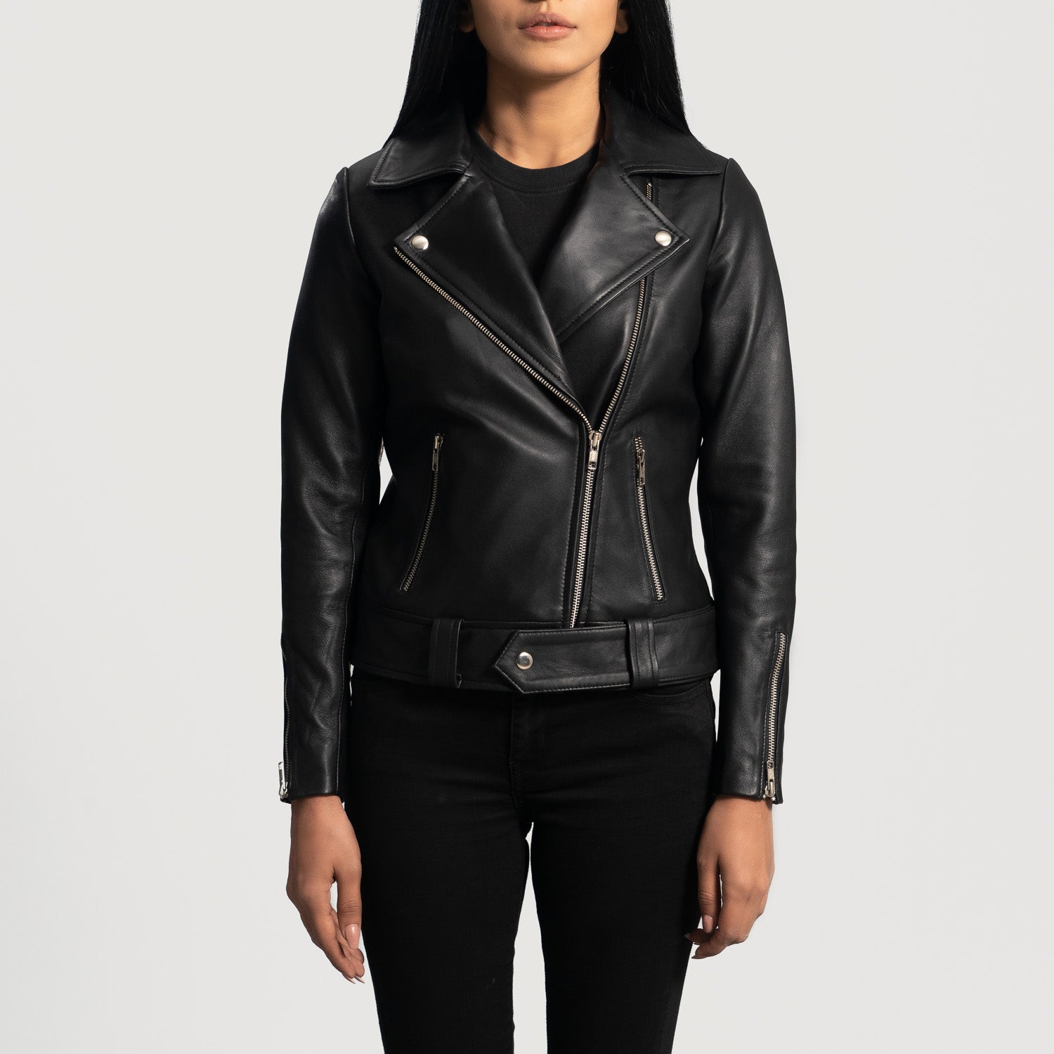 Black Sheepskin Leather Women Zipper Jacket