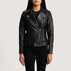 Black Sheepskin Leather Women Zipper Jacket