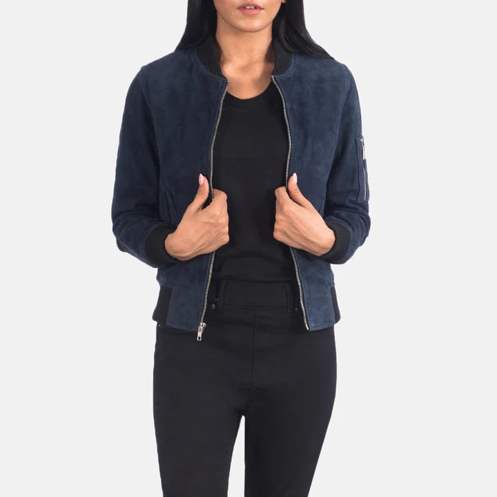 Ava MA-1 Blue Suede Bomber Jacket