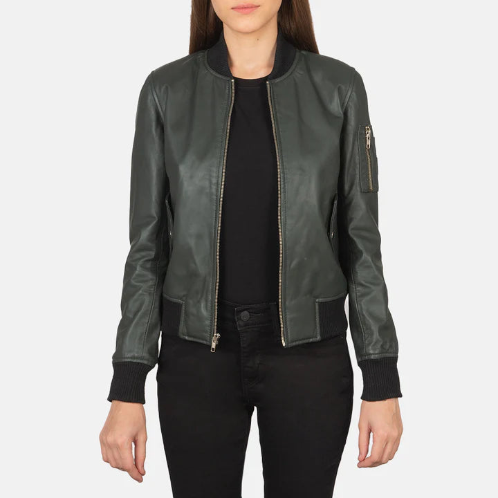 Ava MA-1 Green Leather Bomber Jacket