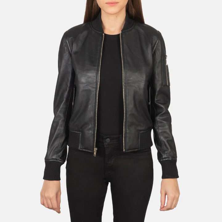 Ava MA-1 Black Leather Bomber Jacket