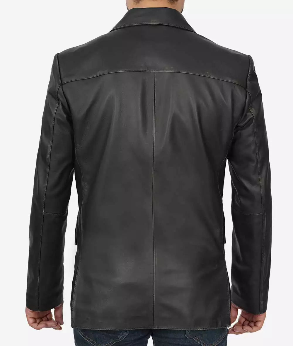 Mens Two Button Black Leather Blazer Jacket