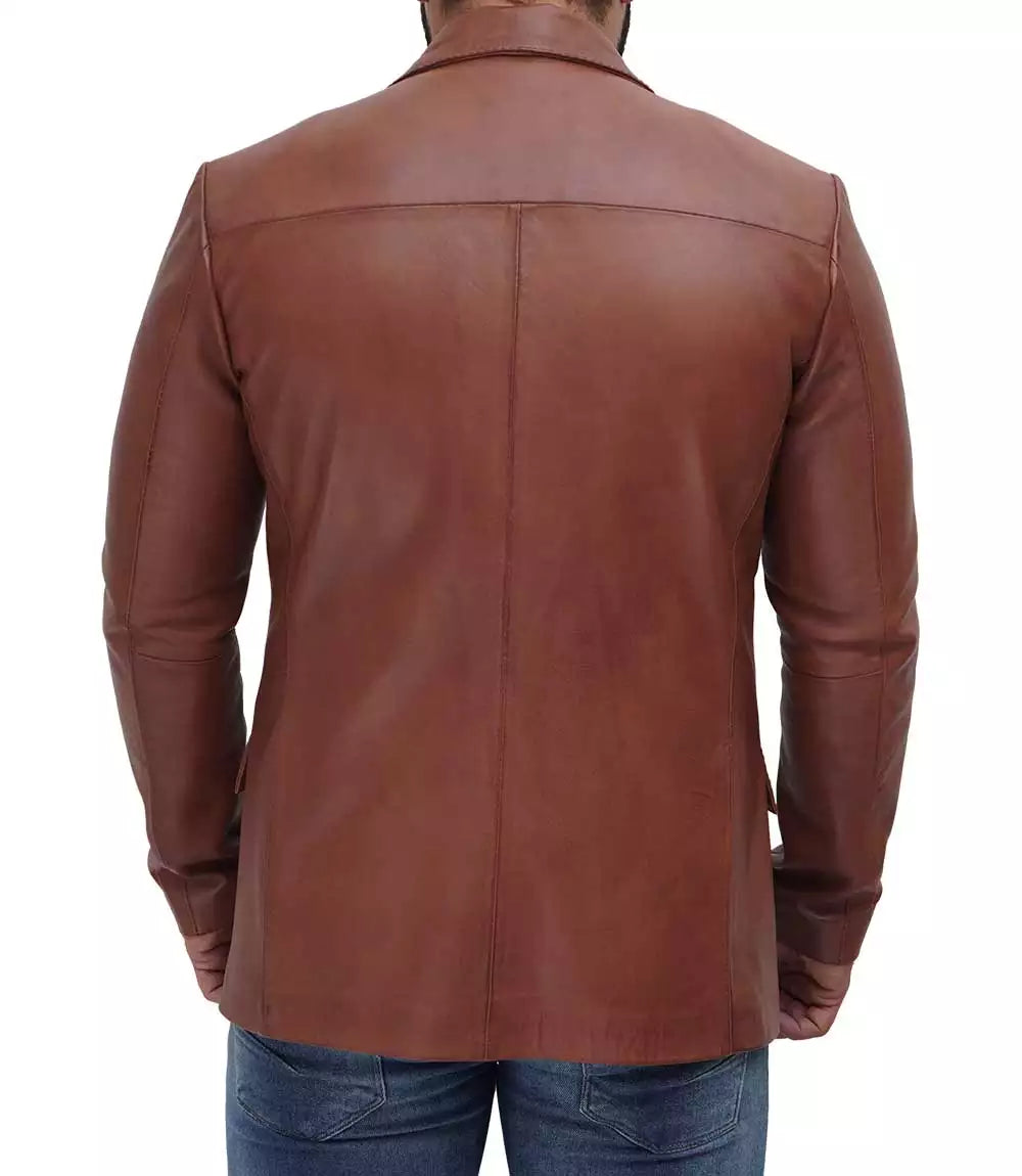 Mens Tan Outer Pocket Leather Blazer Jacket