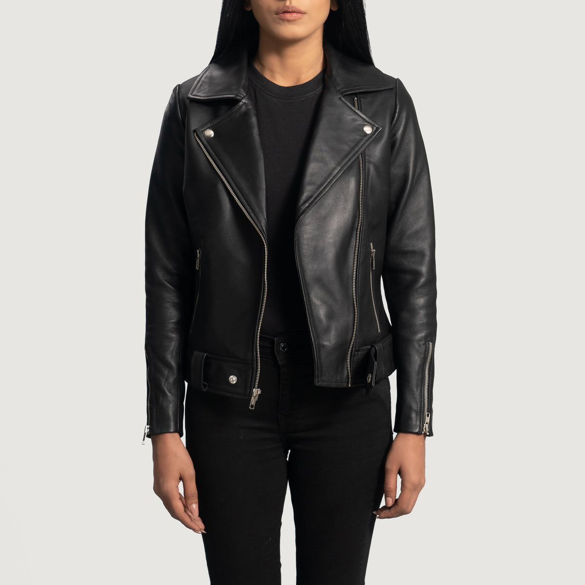 Black Sheepskin Leather Women Zipper Jacket