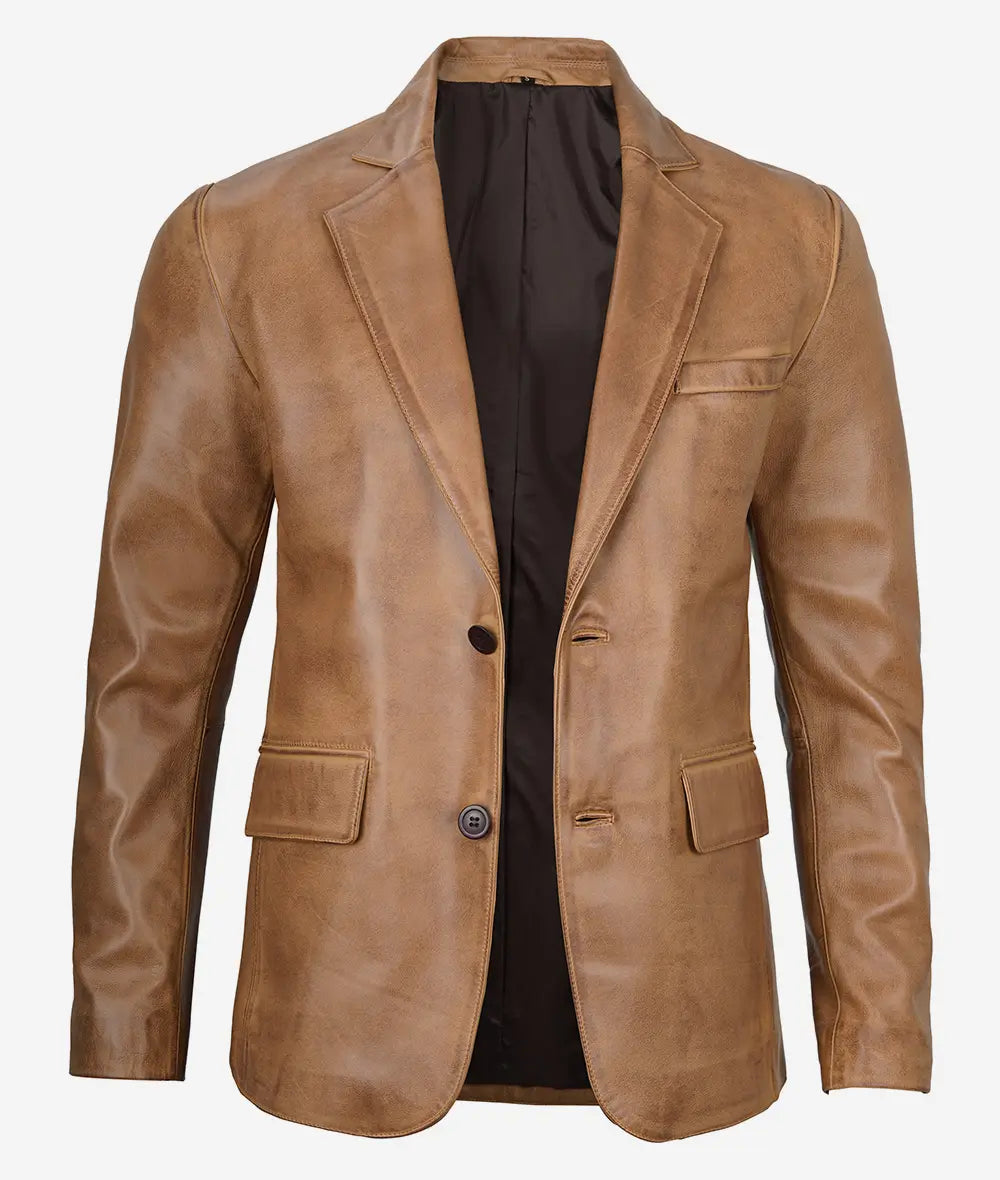 Men's Two Button Classic Camel Brown Leather Blazer