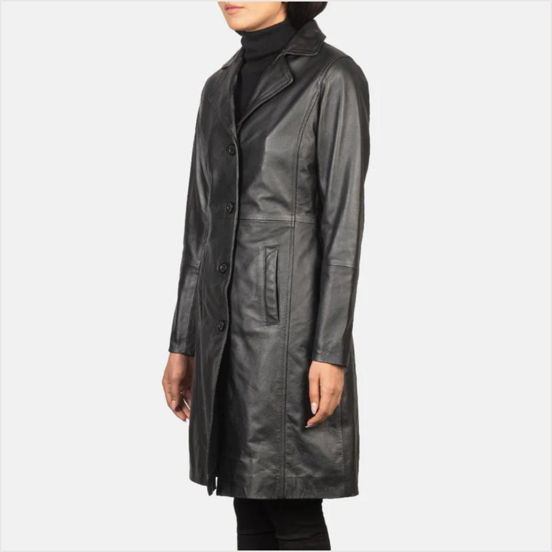 Alexis Black Single Breasted Leather Coat