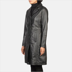 Alexis Black Single Breasted Leather Coat