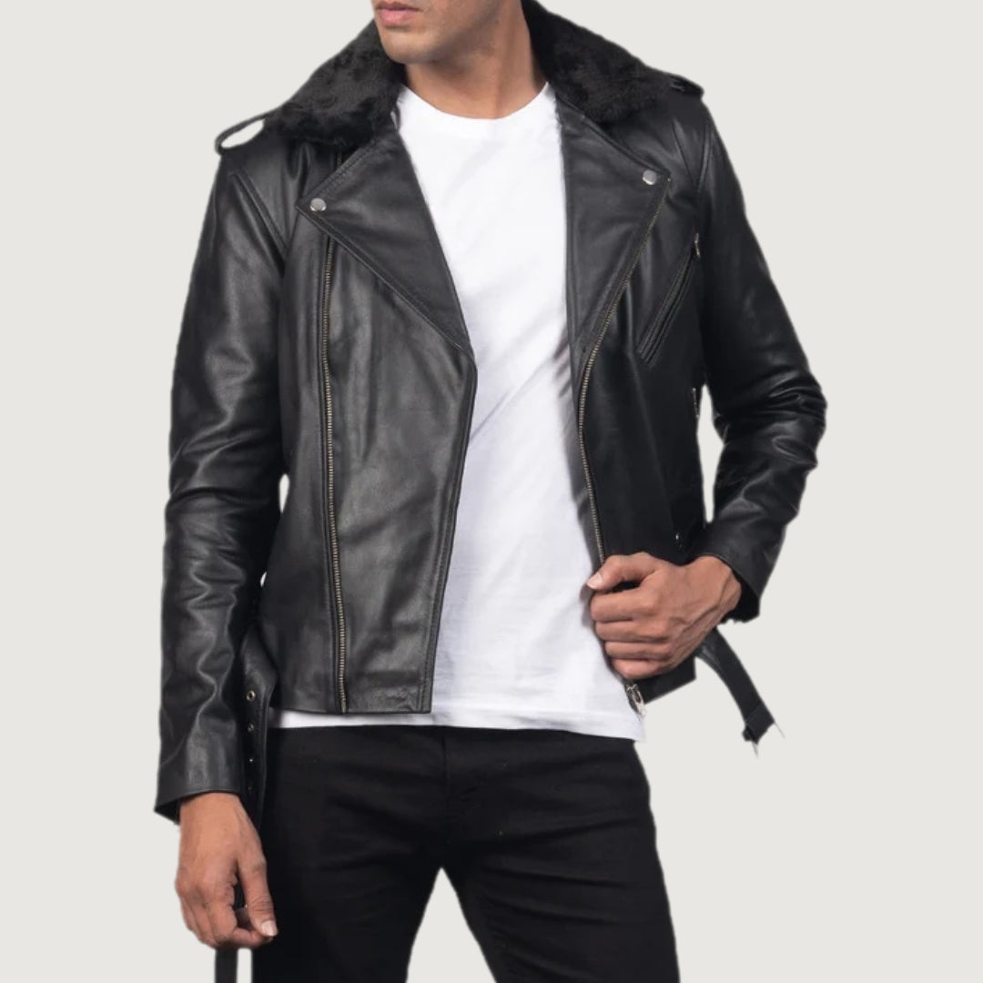 Furton Black Leather Biker Jacket