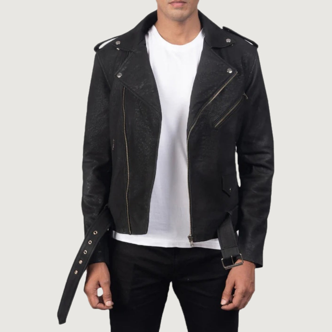 Furton Distressed Black Leather Biker Jacket
