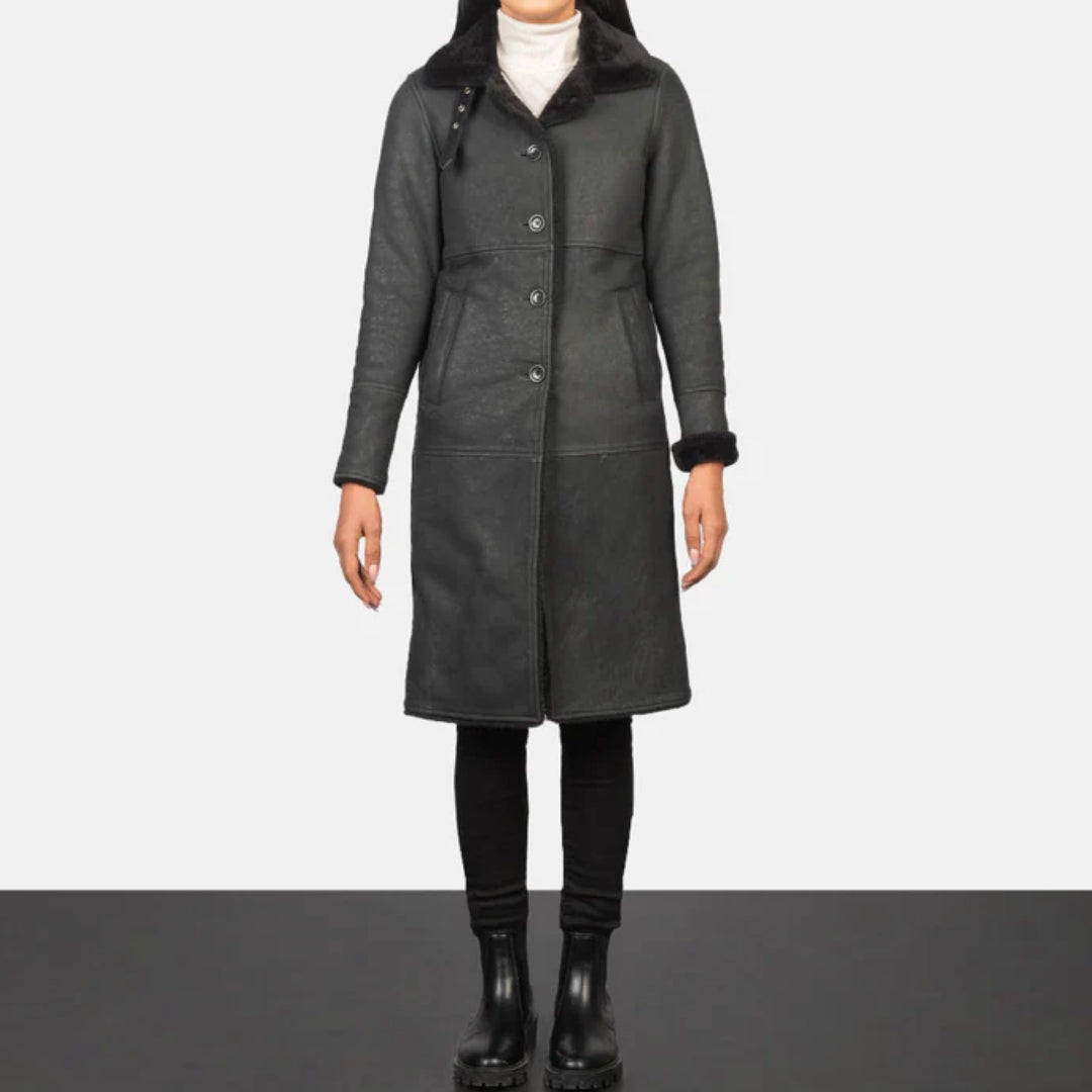Alina Shearling Black Leather Coat