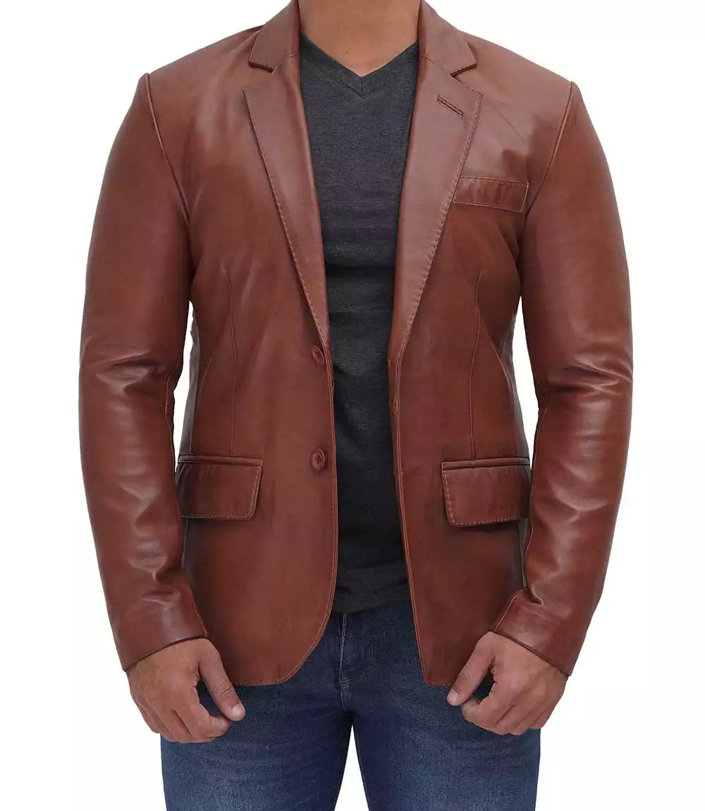 Mens Tan Outer Pocket Leather Blazer Jacket