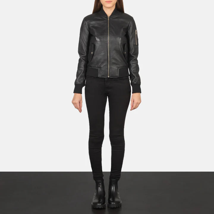 Ava MA-1 Black Leather Bomber Jacket