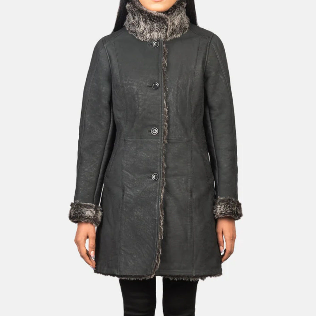 Erica Shearling Black Leather Coat